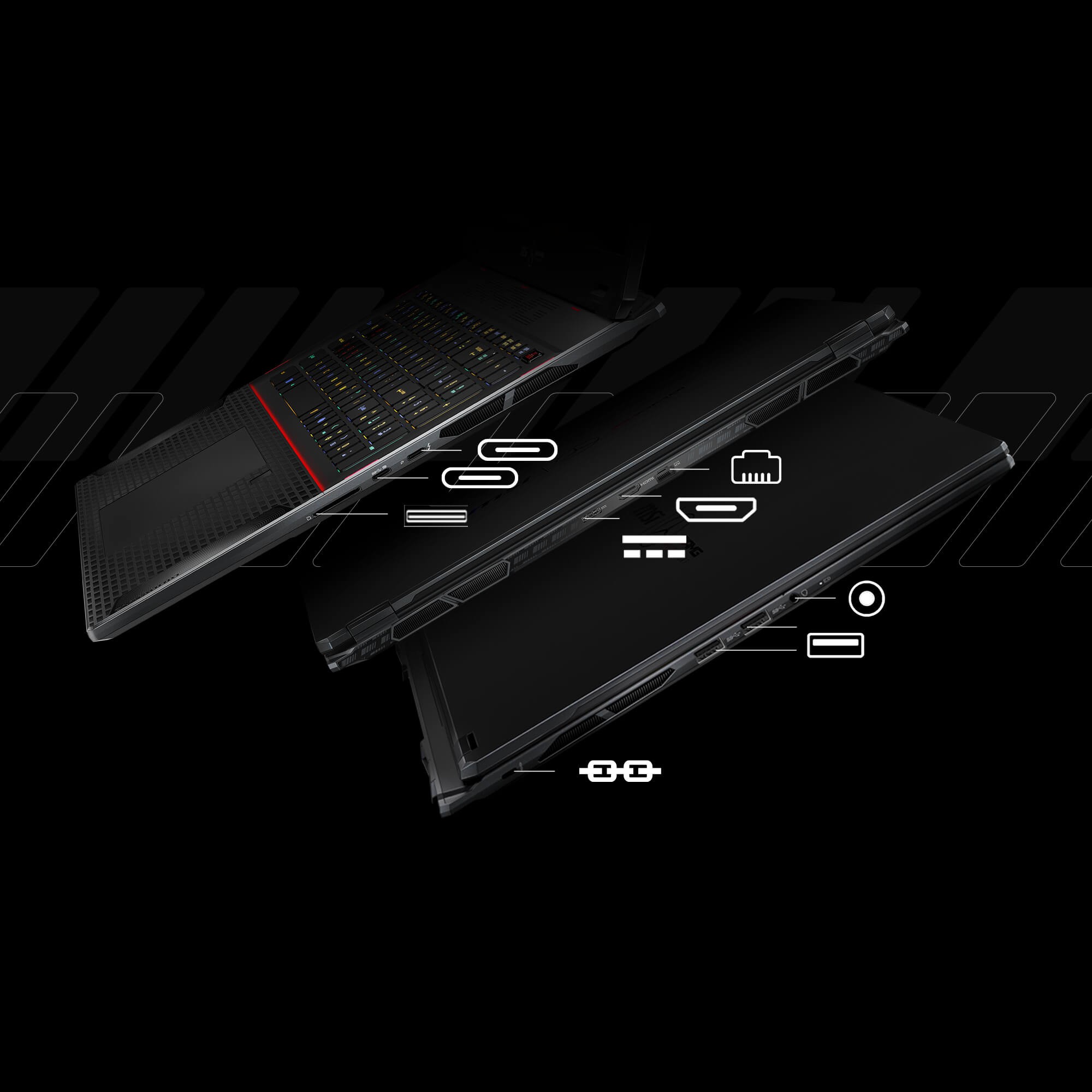 Rear port panel of the laptop highlighting various connectivity options including Thunderbolt 4 and HDMI