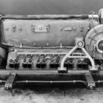 Mercedes-Benz T 80 world record project vehicle, view of the DB 603 RS aircraft engine installed in the chassis. Photo from 1939.