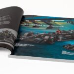 Instruction booklet showcasing both the large and small Mercedes W14 LEGO models.