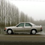 Silver Mercedes-Benz 190E 2.3-16 Cosworth parked on a scenic road, showcasing its sporty design and classic appeal.