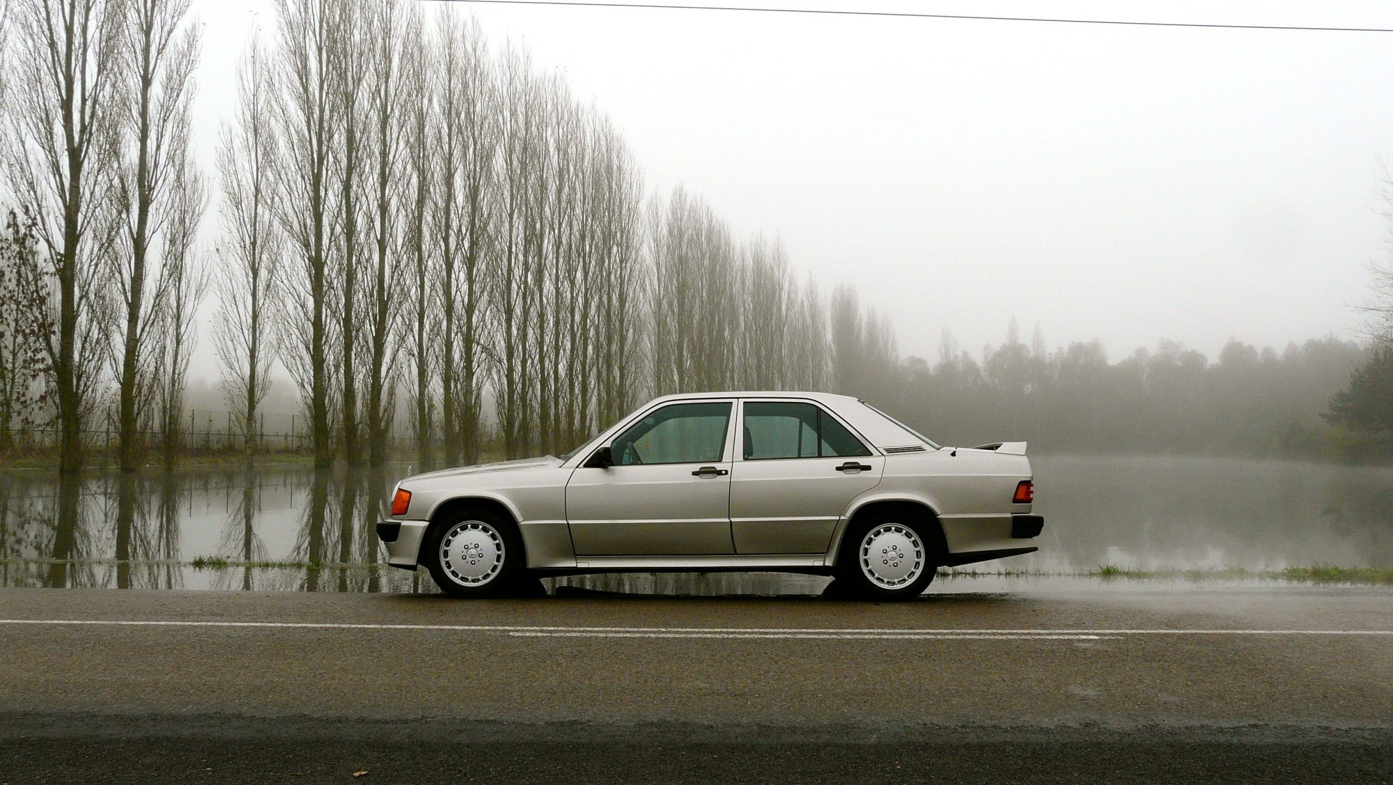 Silver Mercedes-Benz 190E 2.3-16 Cosworth parked on a scenic road, showcasing its sporty design and classic appeal.