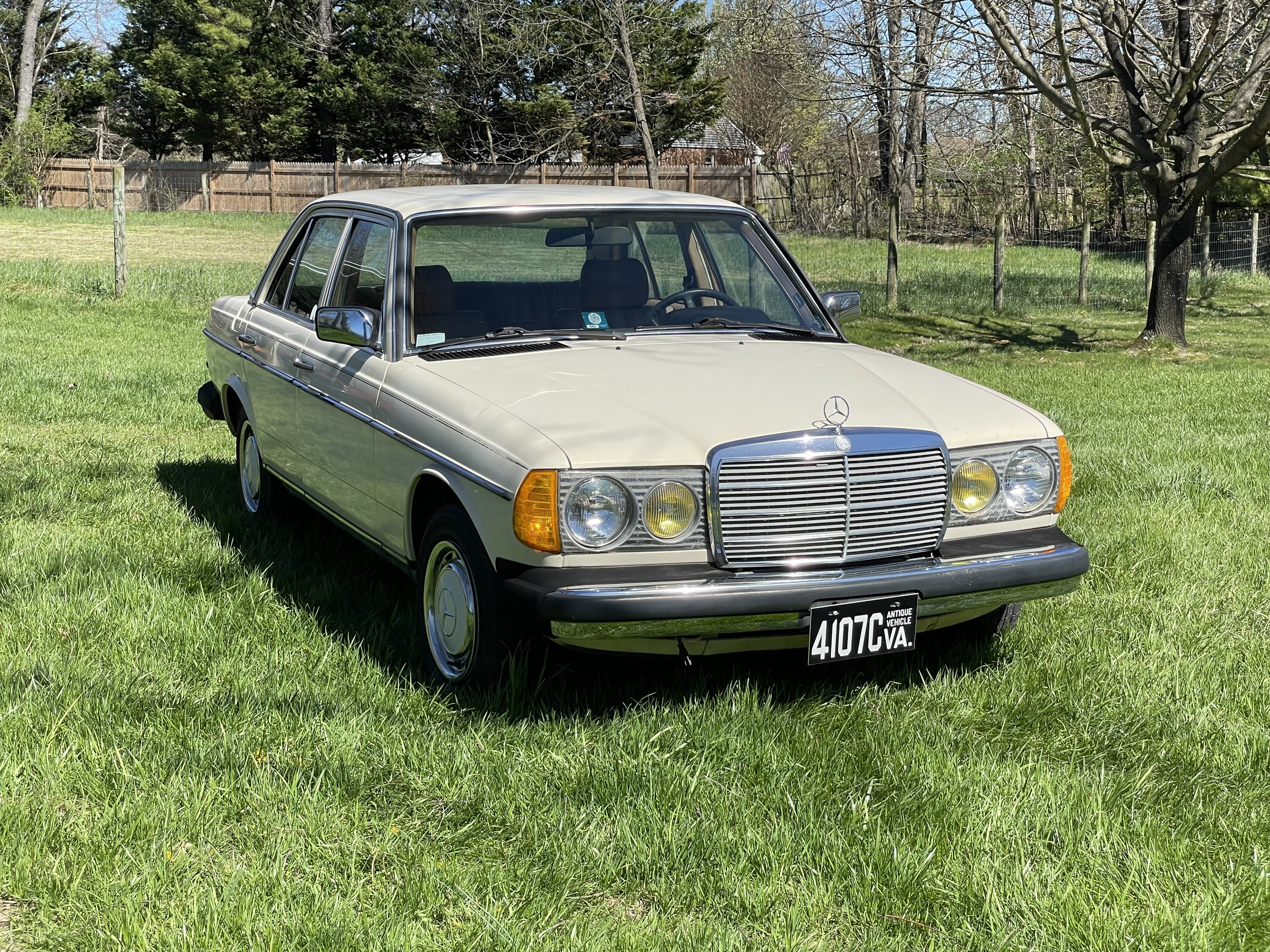 Front view of a light ivory Mercedes 240D parked on grass, showcasing its classic design.