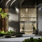 Exterior view of Mercedes-Benz Places Miami lobby entrance showcasing the iconic three-pointed star logo