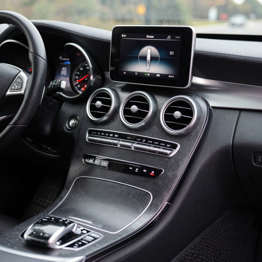 Dashboard of a 2015 Mercedes C300 highlighting technology interface and buttons