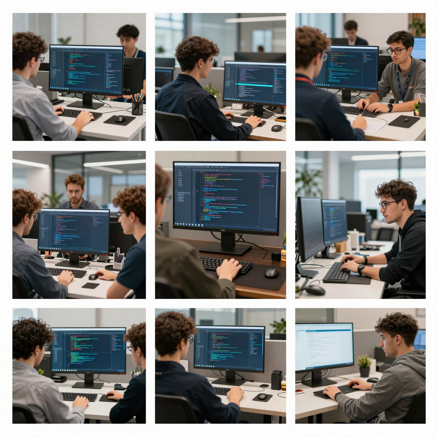 A collage of Mercedes software developers working in an automotive setting, showcasing teamwork, technology, and coding activities.
