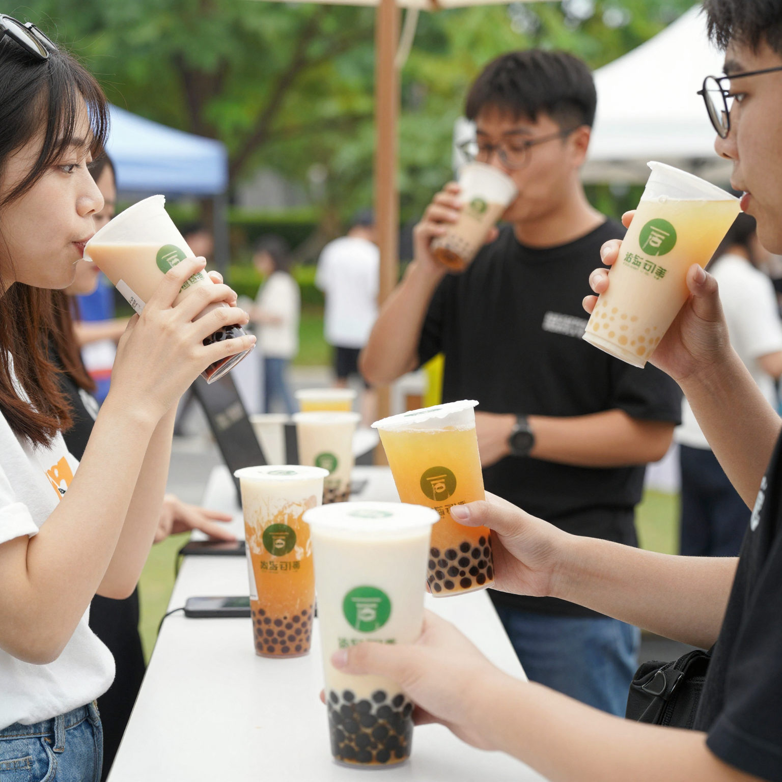Biodegradable cold cups being used in a bubble tea shop and an outdoor event setting