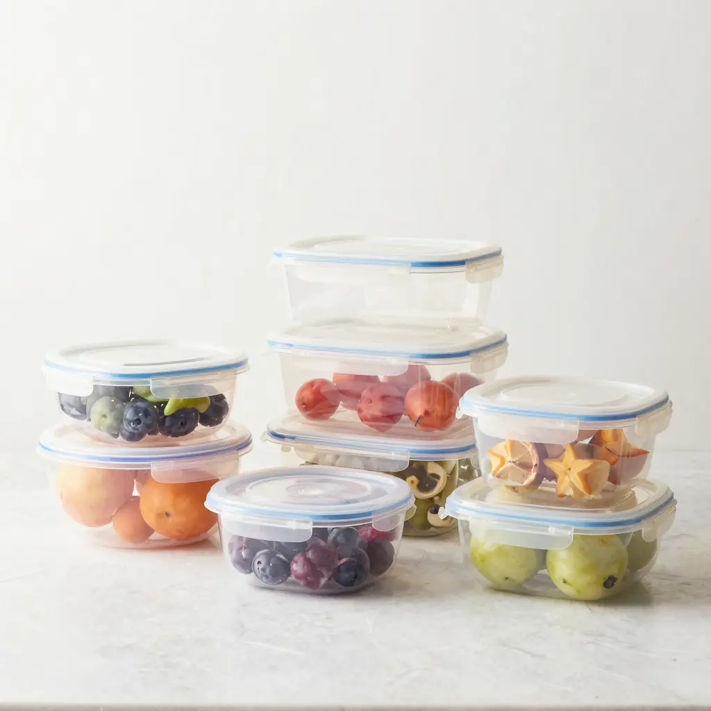 A variety of plastic food containers suitable for restaurants and catering services.