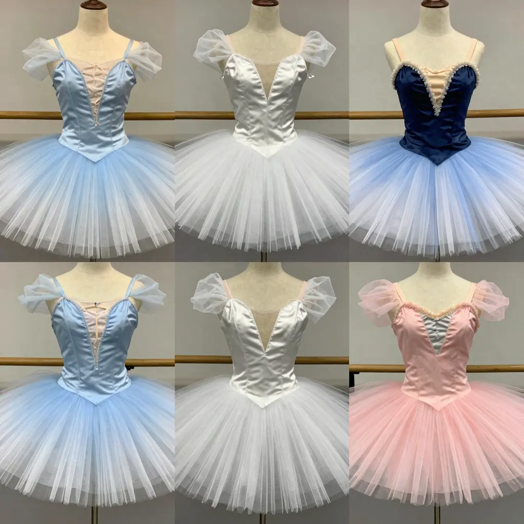 A collection of different tutus showcasing various fabrics used in cinderella tutus, including layered tulle, satin, and silk, illustrating their comfort, durability, and aesthetic appeal.