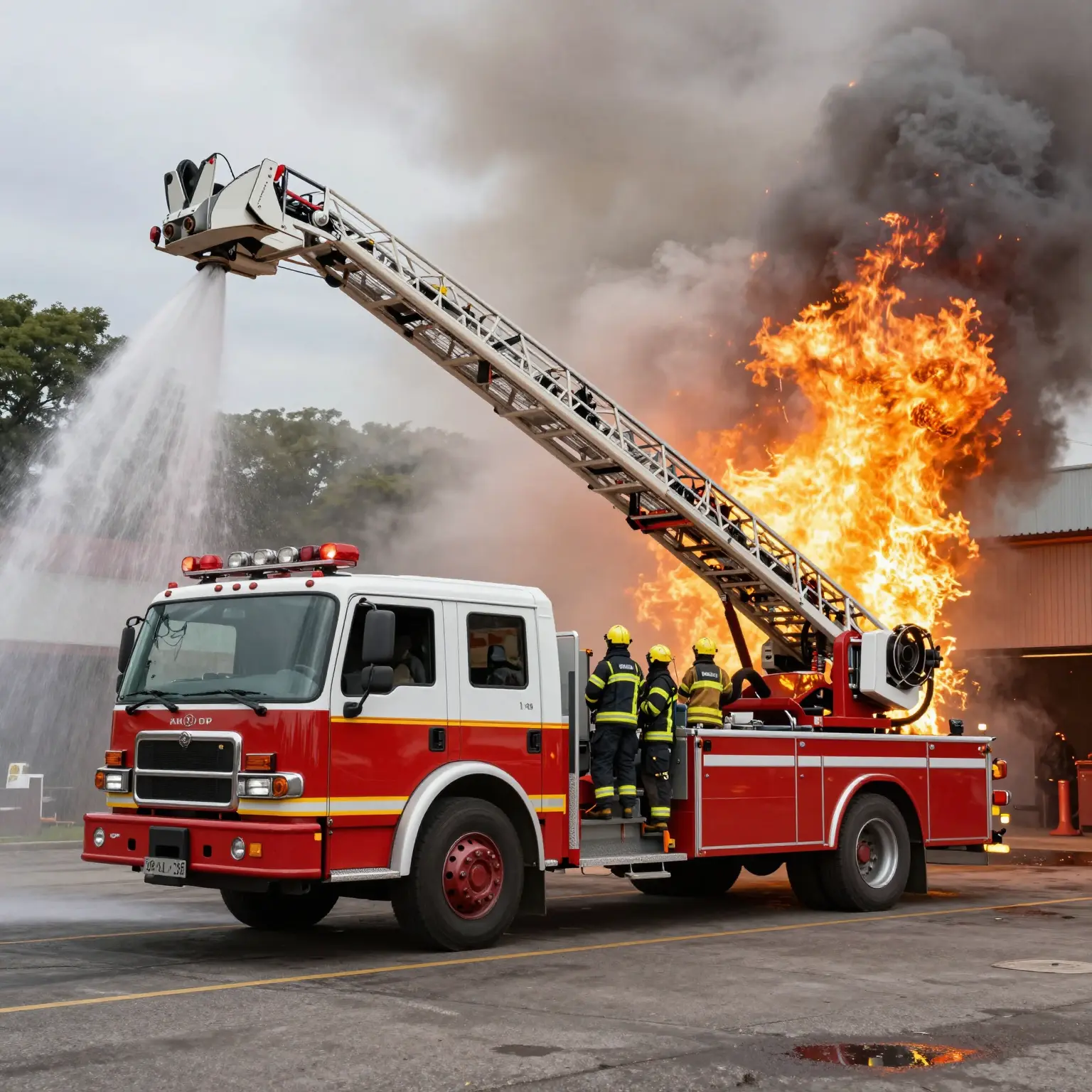 Ladder Truck Spraying Water on a Fire