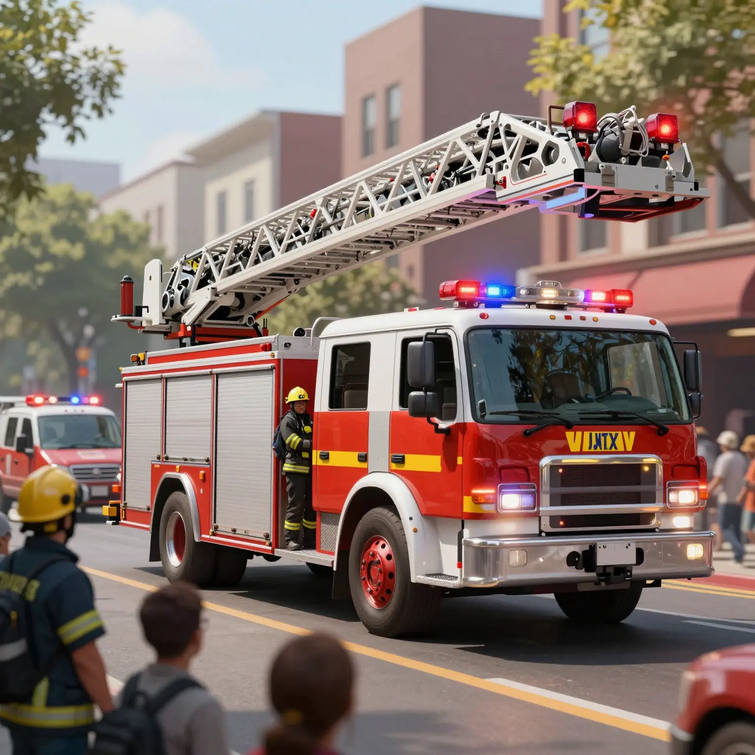 Fire Truck Ladder in Busy Street
