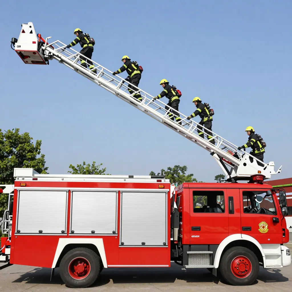 Firefighters Practicing Drills with Ladder Truck