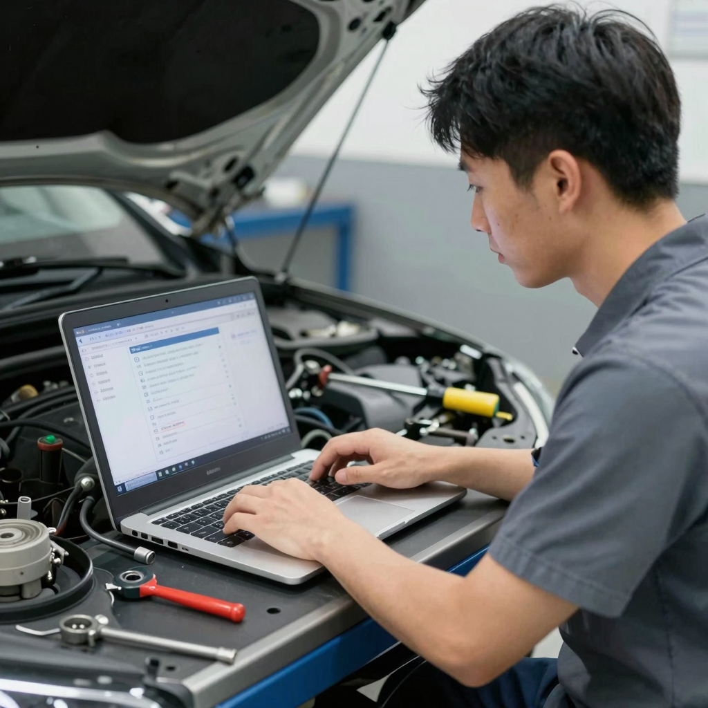 Automotive Technician Working on Mercedes-Benz Software Fix