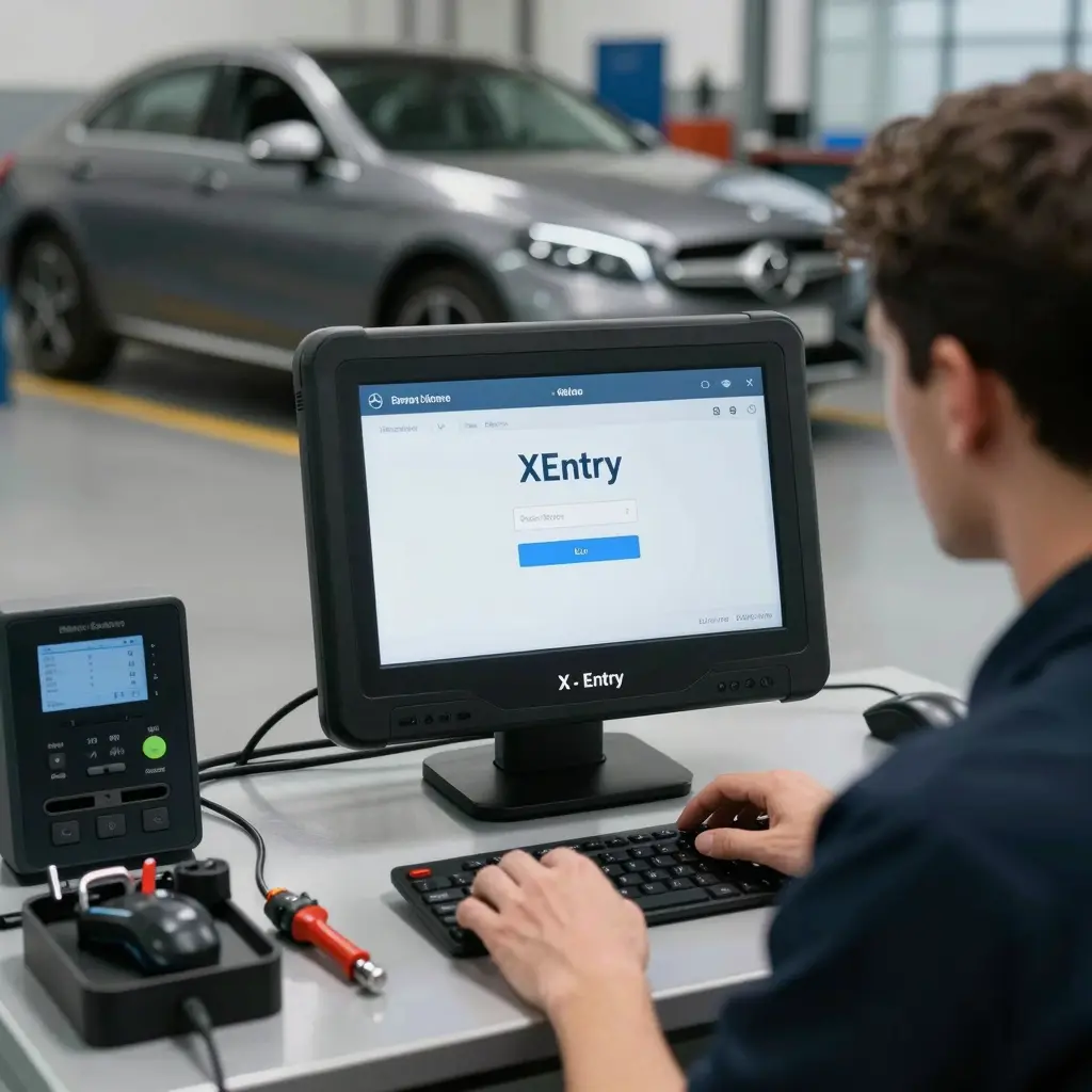 A technician using Mercedes diagnostic software