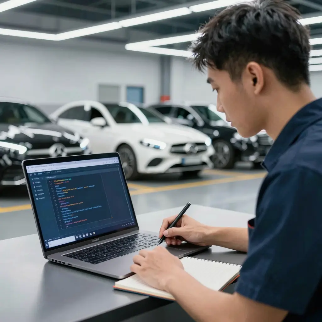 Automotive Technician Using Free Mercedes Coding Software