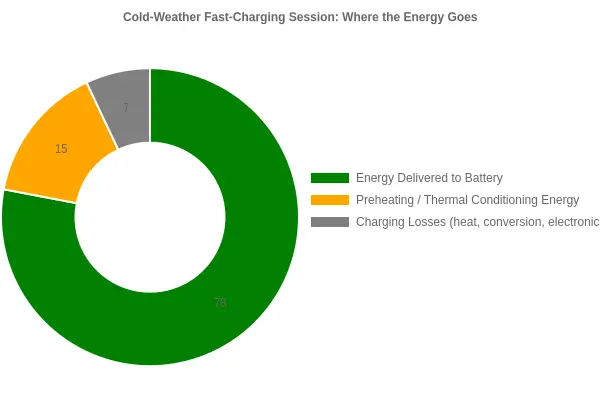 Doughnut chart showing the proportion of energy used during a cold-weather fast-charging session: 78% delivered to the battery, 15% preheating / thermal conditioning, and 7% charging losses.