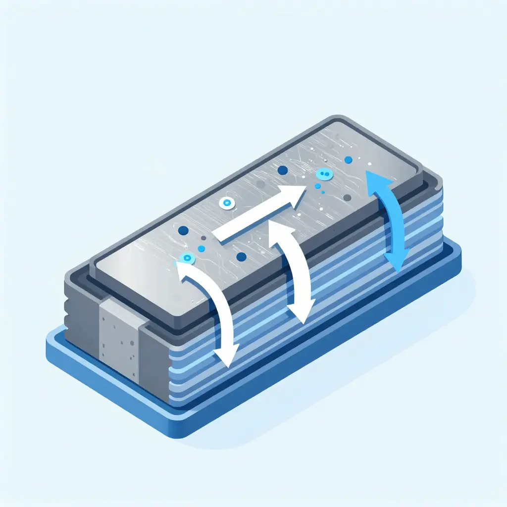 Illustration of lithium plating forming on a graphite anode inside a cold battery cell