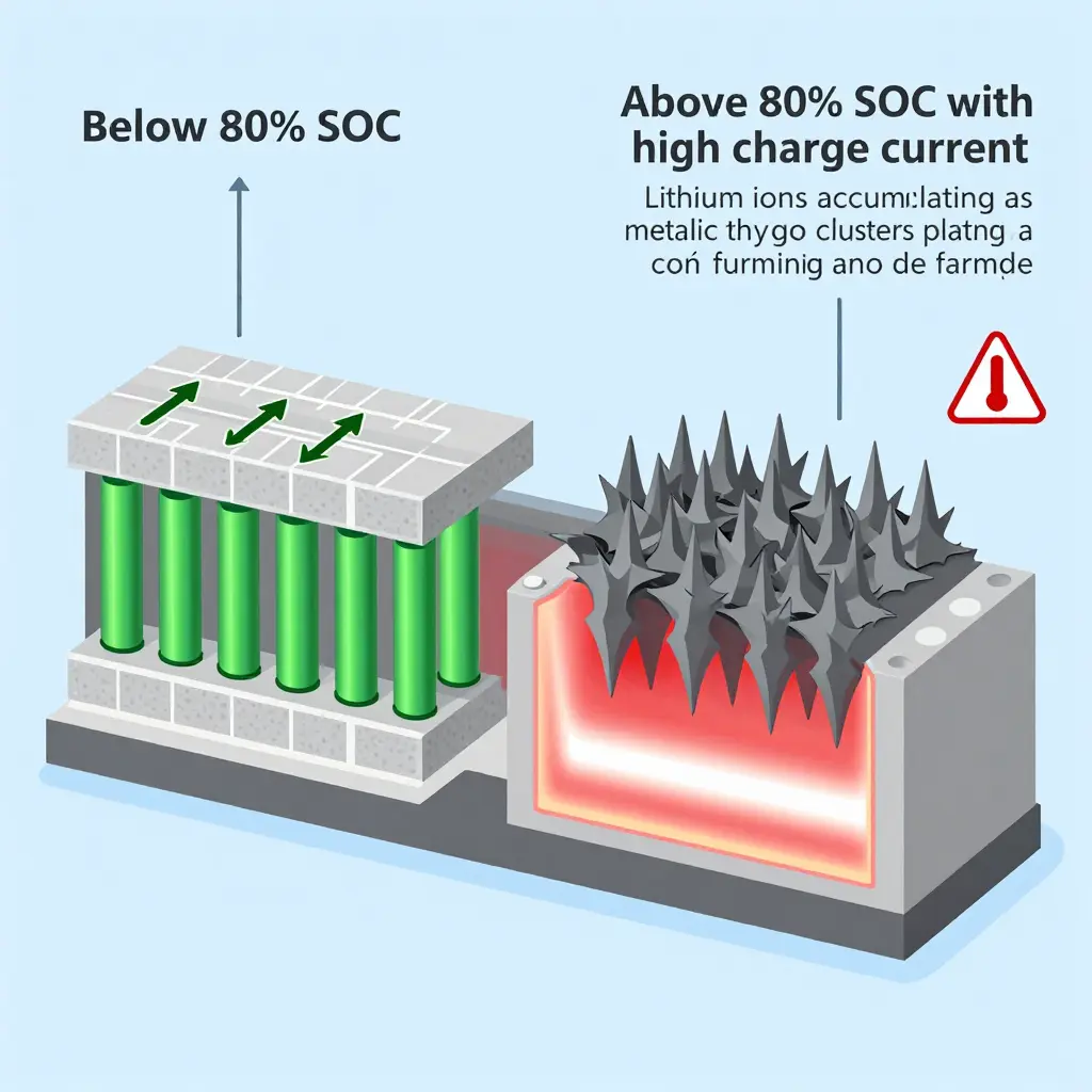Diagram comparing healthy lithium intercalation below 80 percent SOC with lithium plating and dendrite growth on the anode above 80 percent SOC