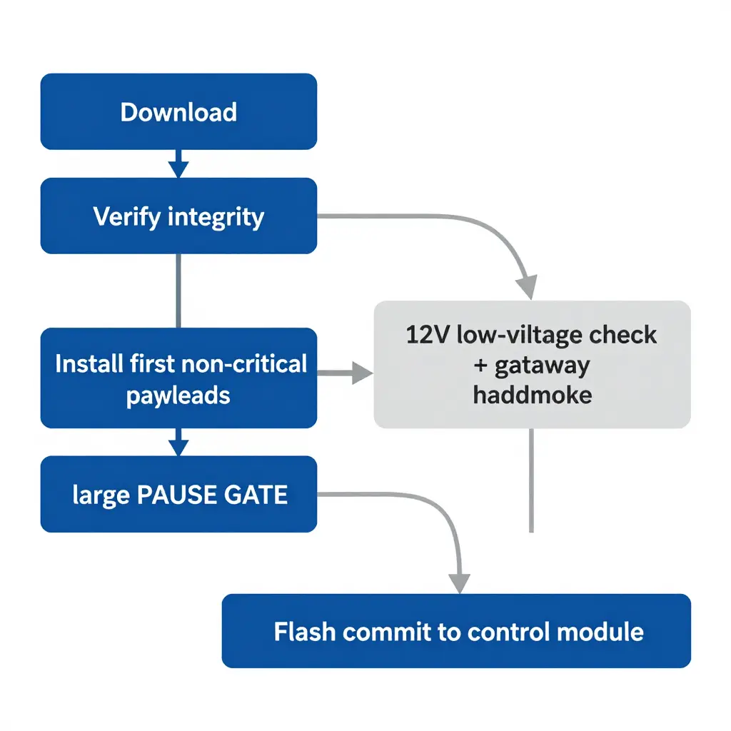 Flowchart of a staged OTA update sequence showing the 60 percent pause gate with a 12V voltage check and gateway handshake before the control module flash commit.