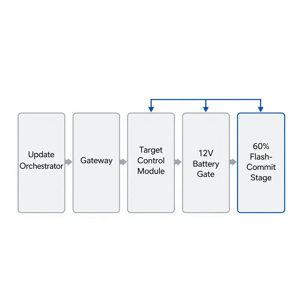 2D schematic diagram of the EQS OTA update power dependency flow showing the update orchestrator, gateway, target control module, 12V battery, and sleep-state gate connected by directional arrows ending at the 60 percent flash-commit stage