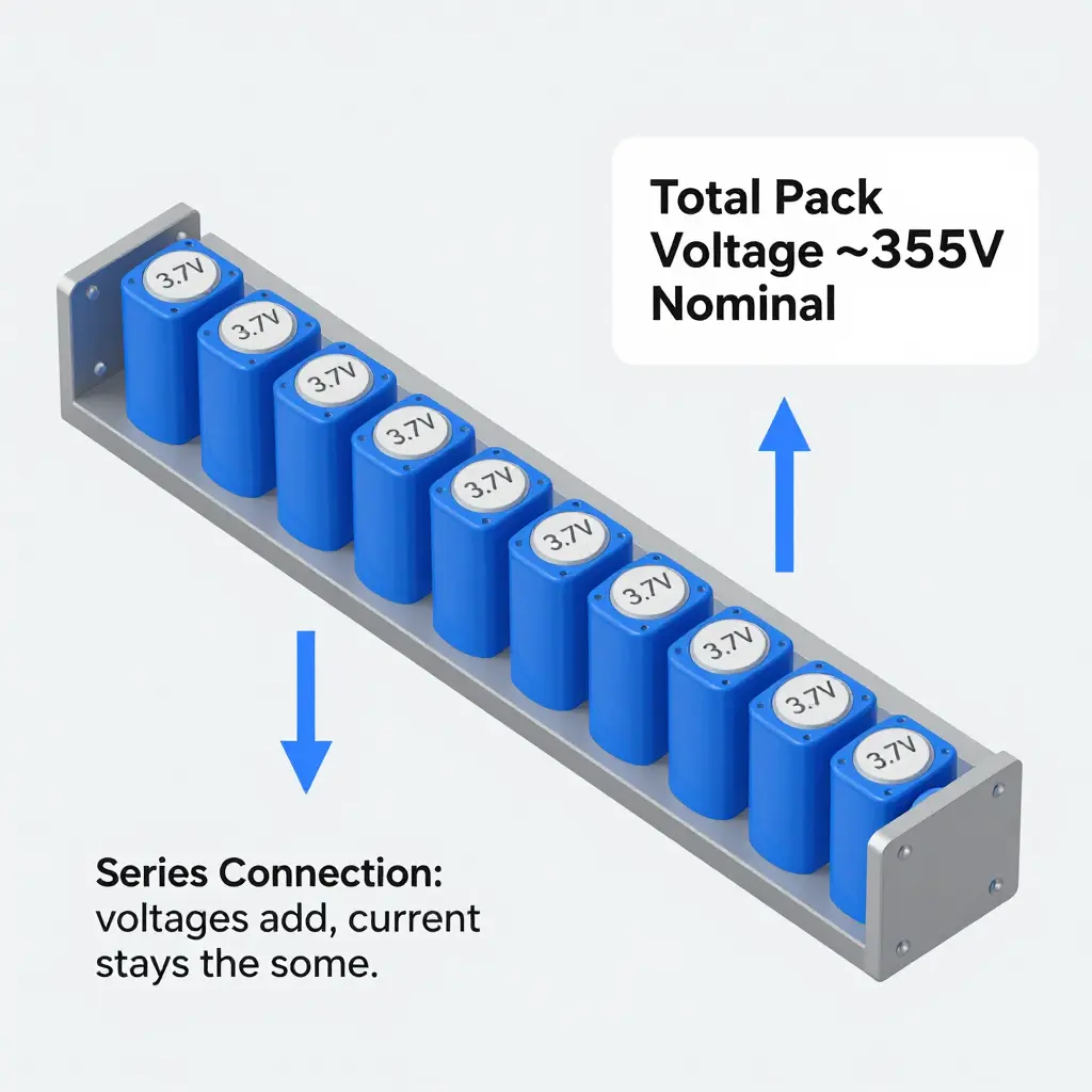 Diagram of EV battery cells connected in series, showing each cell's voltage adding up to the total pack voltage