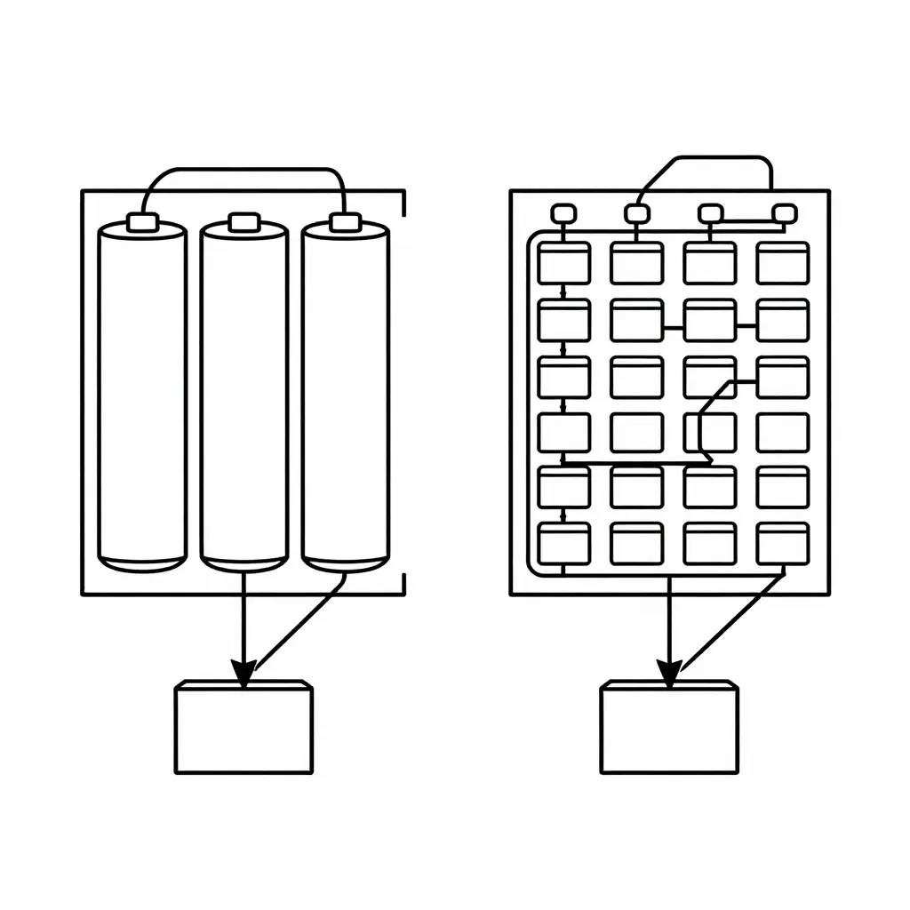 Simple 2D line-and-shape diagram contrasting a 400V battery pack (fewer, larger series-connected cells) against an 800V battery pack (many smaller series-connected cells), with arrows showing current flow from the charge port into each pack, drawn in clean schematic style with no text or labels.