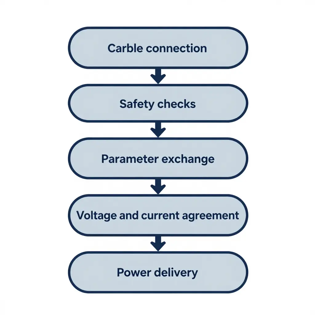 Minimalist 2D step-flow diagram of the EV charger handshake sequence, showing five connected blocks running from cable connection through safety checks, parameter exchange, and voltage and current agreement to final power delivery.
